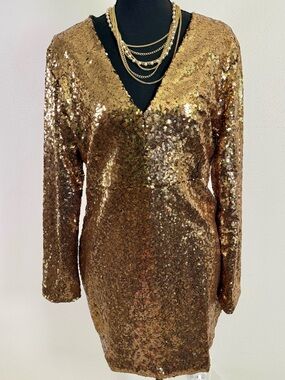 NWT Hancy Gold Sequin Mini Dress XL Long Sleeve V Neck Party Cocktail